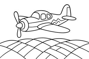 Semplice disegno al tratto di un piccolo aereo a elica che vola su colline di terreni agricoli. L'aereo ha grandi finestrini e un motivo a zigzag sulla fiancata.