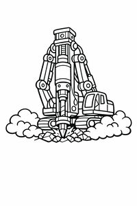 Eine einfache Linienzeichnung einer Pfahlramme, die in den Boden bohrt. Die Maschine hat dicke Hydraulikarme und große Ketten, umgeben von Staubwolken und Steinbrocken.