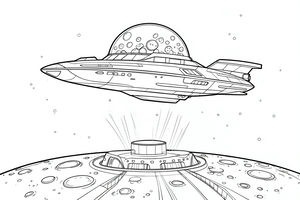 Um iate espacial futurista e aerodinâmico com um cockpit em cúpula transparente paira sobre uma base lunar. A base está integrada numa superfície lunar com crateras e possui uma pista de aterragem iluminada. Pequenas estrelas estão espalhadas no céu de fundo.