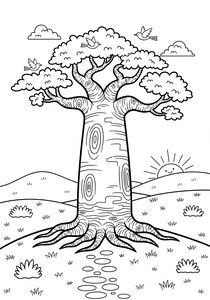 Un grande baobab svetta su una collina erbosa con un sentiero di pietra in primo piano. Tre uccelli volano vicino alla chioma, mentre un sole amichevole con un viso spunta dalle colline sullo sfondo.