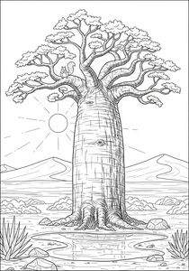 Um grande embondeiro com tronco texturado junto a um ponto de água no deserto. Um esquilo está num ramo e o fundo mostra dunas e um sol radiante.