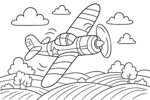 Un aereo a elica in stile cartone animato con ali a strisce e una stella vola sopra un paesaggio di colline e alberi. Il cielo è pieno di nuvole.