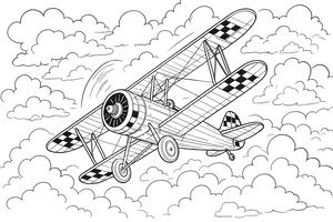 Un disegno a linee in bianco e nero di un biplano d'epoca con ali a scacchi che vola in un cielo pieno di nuvole. L'elica gira e l'aereo è inclinato in acrobazia.