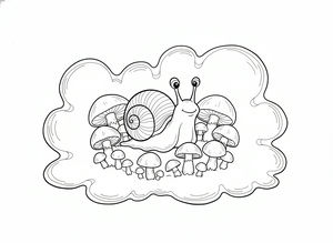 Eine lächelnde Schnecke mit einem großen Spiralhaus sitzt umgeben von vielen kleinen Pilzen in verschiedenen Größen. Die Pilzgruppe bildet einen Kreis um die Schnecke, und die gesamte Illustration ist von einem dicken, welligen Wolkenrand umschlossen.