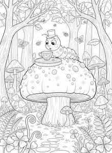 Eine detaillierte Strichzeichnung einer Raupe mit winzigem Zylinder, die auf einem riesigen Pilz sitzt. Sie blickt auf eine gemusterte Teetasse auf einem Holztablett. Der Hintergrund zeigt einen dichten Wald mit Bäumen, Farnen, Kleeblättern, Schmetterlingen und Marienkäfern.