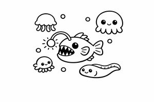 Un desen simplu cu linii reprezentând diverse animale marine. Un pește undiçar prietenos este subiectul principal, însoțit de două caracatițe mici, o meduză și un țipar fericit, cu bule de aer în jur.