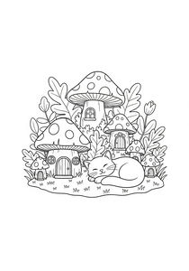 Un semplice disegno da colorare di un dolce gatto che dorme davanti a diverse case fungo. Il villaggio delle fate include funghi a pois, piccole finestre e porte tonde.
