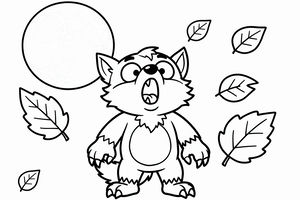 Disegno in bianco e nero di un piccolo licantropo con orecchi appuntiti, zanne e artigli che ulula a una grande luna piena, circondato da foglie d'autunno che cadono