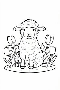 Un disegno a linee in bianco e nero di un simpatico agnello lanoso con il pelo riccio seduto tra diversi grandi fiori di tulipano. L'agnello ha un'espressione amichevole ed è centrato su un piccolo prato con dettagli minimi per facilitare la colorazione.