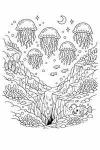 Desenho detalhado de cinco águas-vivas com tentáculos ondulados flutuando acima de uma fossa marinha rochosa. Um peixe-lanterna com sua isca brilhante está no fundo do mar perto de recifes de coral, enquanto peixinhos nadam no centro.