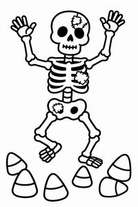 Um esqueleto amigável em estilo cartoon com remendos no crânio e nas costelas dança com os braços levantados. Grandes pedaços de doces estão espalhados pelo chão nesta ilustração simples.