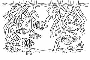Desenho em preto e branco com diversos peixes tropicais nadando entre raízes de árvores de manguezal entrelaçadas debaixo d'água, com bolhas e uma estrela-do-mar no fundo arenoso