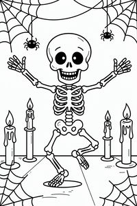 Strichzeichnung eines lächelnden Skeletts mit ausgestreckten Armen in einer Tanzposition, umgeben von brennenden Kerzen auf Kerzenständern und Spinnweben in den Ecken