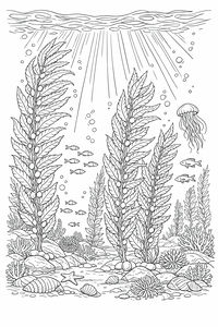 Um desenho linear detalhado de uma floresta de algas subaquática com raios de sol a atravessar a superfície da água. Longas algas crescem num fundo rochoso com conchas, uma estrela-do-mar e corais. Uma medusa e pequenos peixes nadam entre bolhas.