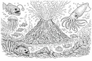Detailed line art coloring page of an underwater volcano eruption. A large squid, several anglerfish with sharp teeth and lanterns, and a jellyfish swim around the volcanic peak. Bubbles and smoke rise from the crater above the rocky seafloor with coral and tube worms.