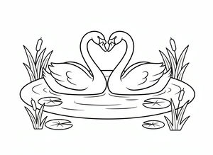 Due cigni galleggiano su uno stagno calmo con i colli curvati per creare una forma a cuore. L'acqua è circondata da tife e ninfee sulla superficie.