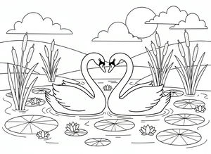 Due cigni galleggiano su uno stagno tranquillo con i lunghi colli curvati l'uno verso l'altro a forma di cuore. L'acqua è piena di ninfee e fiori che sbocciano sotto un sole radioso.