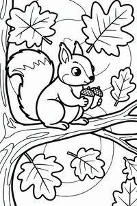 A cute squirrel sits on a horizontal tree branch holding two acorns in its paws. Large autumn leaves float in the air around the squirrel, and a thick tree trunk is visible on the left side of the frame.