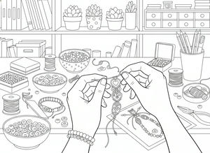 Disegno lineare dettagliato di mani che realizzano un braccialetto. Il tavolo è pieno di perline e rocchetti, con scaffali e piante sullo sfondo.