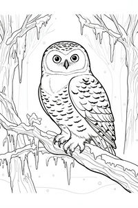 Un disegno dettagliato di una civetta delle nevi con piume screziate appollaiata su un ramo coperto di brina. Lunghi ghiaccioli pendono dagli alberi e piccoli fiocchi di neve fluttuano nell'aria.