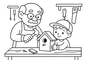 Un nonno e un bambino con un cappellino sono al banco da lavoro per costruire una casetta per uccelli. Il nonno impugna un martello mentre il bambino tiene fermo il legno. Attrezzi come una sega sono appesi alla parete.