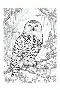 Un disegno a linee dettagliato di un gufo delle nevi con piumaggio maculato appollaiato su un ramo. Ghiaccioli appuntiti pendono dagli alberi in una fitta foresta invernale. Il gufo guarda dritto verso l'osservatore con grandi occhi intensi.