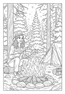 Eine lächelnde Frau mit Hut sitzt auf einem Baumstamm und röstet Marshmallows über einem großen Lagerfeuer. Neben ihr steht ein dreieckiges Zelt, und der Hintergrund zeigt einen dichten Nadelwald unter einem Himmel voller Sterne.