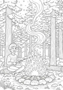 Ein lächelnder Junge sitzt auf einem Baumstamm neben einer steinernen Feuerstelle. Er hält einen Stock mit drei Marshmallows über große Flammen, während Rauch nach oben steigt. Im Hintergrund ist ein dichter Kiefernwald mit funkelnden Sternen zu sehen.