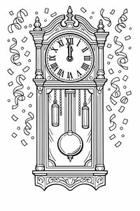 Eine kunstvolle Standuhr mit römischen Ziffern zeigt Mitternacht an. Die Uhr hat ein großes Pendel und dekorative Säulen, umgeben von festlichem Konfetti und geringelten Luftschlangen im Hintergrund.