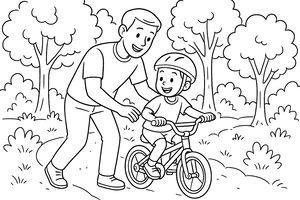 Usmívající se otec podpírá malé dítě v helmě, které jede na malém kole parkem. Pozadí tvoří kulaté listnaté stromy a malé keře podél klikaté přírodní stezky.