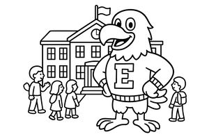Uma mascote águia de desenho animado com uma camisola com a letra E em frente a uma escola. Vários alunos pequenos estão por perto e uma bandeira voa no telhado. O desenho tem linhas grossas.