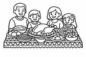 Eine lächelnde vierköpfige Familie sitzt hinter einer großen Festtafel, die mit einem Braten und verschiedenen Beilagen in Schüsseln gedeckt ist. Die Tischdecke hat ein Zickzack-Muster und alle wirken glücklich über das gemeinsame Festessen.