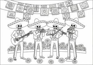 Eine Mariachi-Band aus vier Skeletten tritt in traditionellen Outfits und Sombreros auf. Sie spielen Gitarre, Trompete und Violine, während einer in ein Mikrofon singt. Dekorative Papierbanner hängen über ihnen und Studentenblumen liegen auf dem Boden.