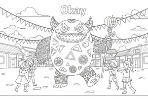 Schwarz-Weiß-Ausmalbild mit einem großen Nian-Monster mit dekorativen Mustern auf einem Dorfplatz mit Kindern, Girlanden, Laternen und traditionellen Gebäuden