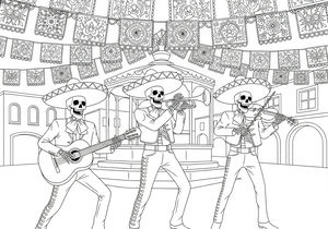 Drei Skelett-Mariachis in traditionellen Anzügen und Sombreros spielen Instrumente auf einem mexikanischen Marktplatz. Kunstvolle Papel-picado-Banner hängen über der Szene und im Hintergrund steht ein Pavillon.