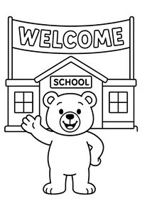 Um urso de desenho animado feliz acena com a pata em frente a uma escola. Por cima do edifício, uma grande faixa exibe a palavra Welcome em letras grossas. O desenho tem contornos largos e áreas fáceis de pintar.