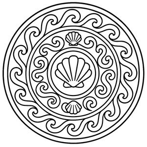 Un semplice mandala circolare da colorare con una grande conchiglia al centro. La conchiglia è circondata da due anelli di onde oceaniche arricciate e conchiglie più piccole. Le linee sono spesse e pulite.