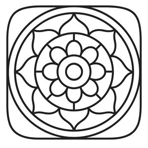 Ein einfaches Ausmalbild eines Mandalas mit einem Blumenmotiv in der Mitte und dicken schwarzen Umrissen. Das Design besteht aus konzentrischen Kreisen und runden Blütenblättern in einem symmetrischen Muster.