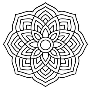 Un mandala circolare in bianco e nero con un centro a forma di fiore e vari strati di petali geometrici. Le linee sono spesse e chiare, formando un motivo perfettamente simmetrico.