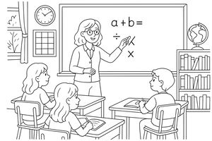 Una profesora amable con gafas señala ecuaciones matemáticas en una pizarra. Tres alumnos se sientan en sus pupitres con cuadernos abiertos en un aula detallada con estantería y globo terráqueo.