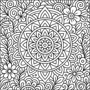 Un complesso mandala circolare con strati di petali simili a loto centrato sulla pagina. Lo sfondo è completamente riempito di rampicanti decorativi, piccoli fiori e motivi di foglie vorticose in linee bianche e nere pulite.