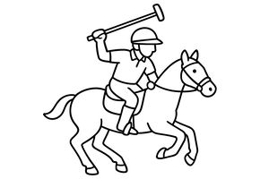 Um desenho de linhas simples de um jogador de polo a cavalo. O jogador usa capacete e segura um taco comprido acima da cabeça enquanto o cavalo galopa.