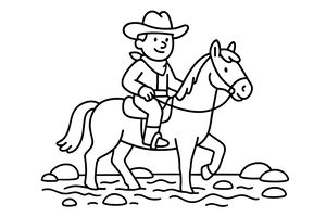 Un semplice disegno al tratto di un cowboy sorridente con cappello e fazzoletto al collo seduto su un cavallo. Il cavallo cammina in un ruscello basso con piccoli sassi e increspature d'acqua.