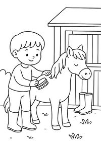 Un bambino sorridente usa una spazzola per la strigliatura sul dorso di un pony calmo davanti a una stalla. Un paio di stivali da equitazione è poggiato a terra. Il disegno ha linee pulite e un'atmosfera serena.