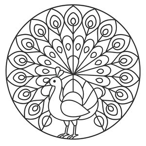 Un dibujo para colorear sencillo de un pavo real de pie dentro de un marco circular con sus plumas extendidas. Las plumas de la cola forman un rosetón con contornos gruesos y formas geométricas grandes.