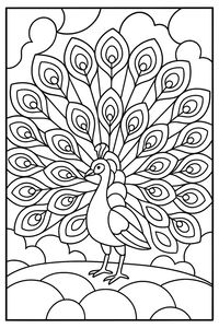 Um desenho em linhas pretas e brancas de um pavão com a cauda totalmente aberta num padrão de vitral. A ave tem uma pequena crista e está sobre uma colina.