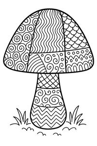 ČErnobílá liniová kresba houby stojící v trávě. Klobouk a třeň jsou vyplněny různými vzory zentangle, jako są šupiny, cik-caky a spirály.