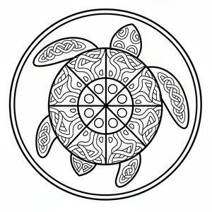 Un disegno in bianco e nero di una tartaruga marina vista dall'alto, racchiusa in un doppio bordo circolare. Il guscio e le pinne presentano intricati nodi celtici e motivi mandala simmetrici.