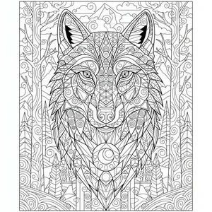 Una testa di lupo molto dettagliata in vista frontale, decorata con motivi geometrici simmetrici e mandala. Il lupo è posto davanti a un bosco e montagne, con una mezzaluna sotto il mento.