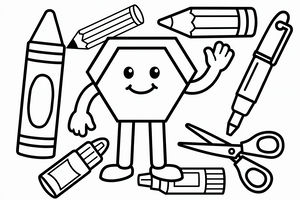 Um personagem em forma de hexágono com um rosto feliz e uma mão a acenar está no centro. À sua volta estão contornos simples de materiais escolares como um marcador, um giz, dois lápis, tesouras e cola sobre um fundo branco.